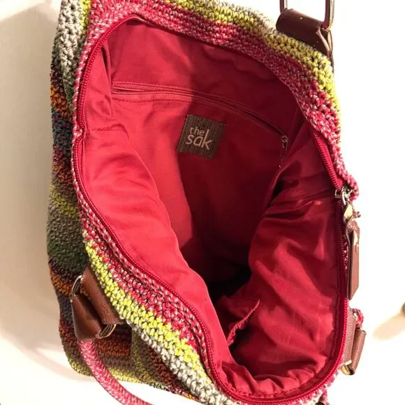 The Sak Cambria Crochet Boho Knit Hobo Tote Bag Purse Rainbow Multicolor Striped - Picture 4 of 7